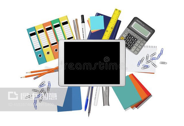 带办公用品的平板电脑创意俯视图Creative top view of tablet PC with office supplies